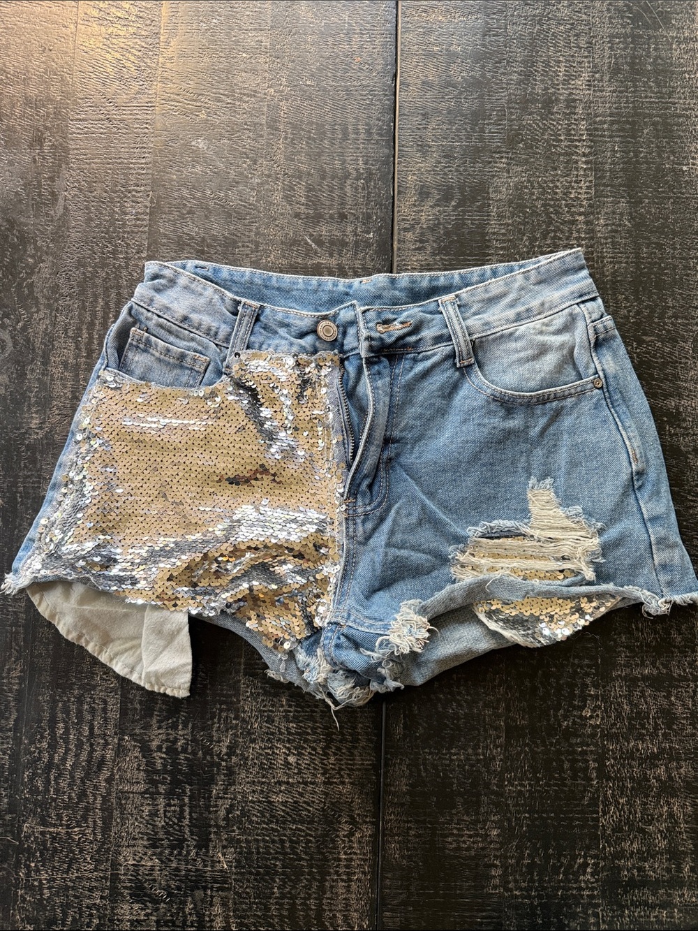 SHEIN Light Blue Distressed Denim Shorts with Silver Sequin Accent